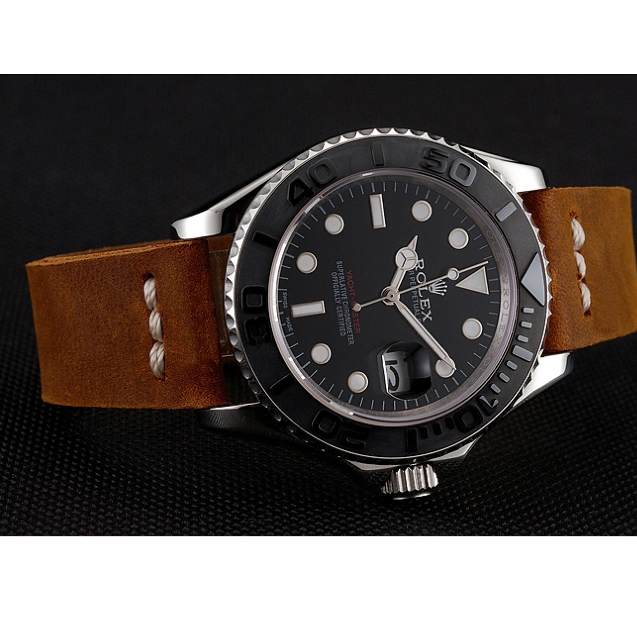 Aaa replica Rolex Master Yacht Black Case Bracelet 1453859 Dial Brown Leather Silver 0622